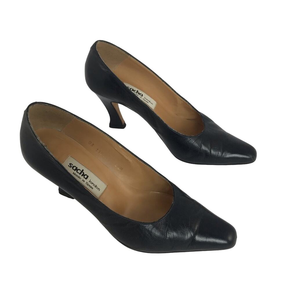 Sacha London Women Size 6.5 Leather Kitten Heels pointy toe Navy Blue Vintage